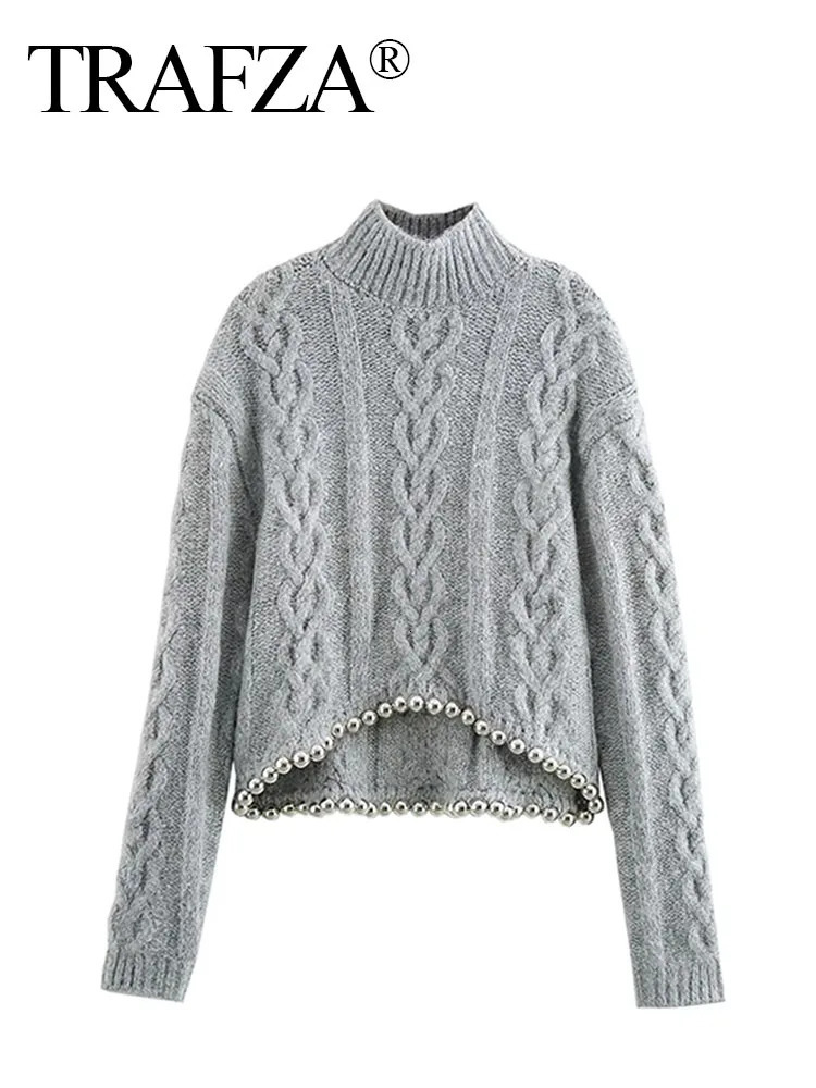 TRAFZA Women Spring Casual Knitted Tops Solid High Collar Long Sleeves Beading Decorate Pullovers Female Fashion Sweater 250103