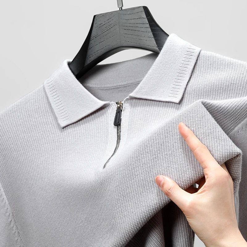 mens knitted polo shirt autumn item solid long sleeved knitted shirt with lapel zipper UK casual exquisite mens clothing 250103