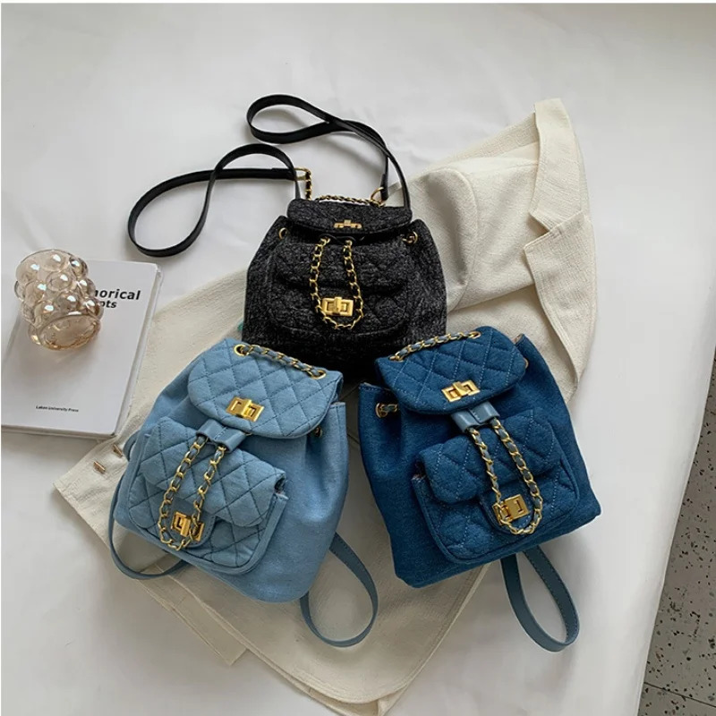 Fashion Retro Denim Canvas Chain Backpack Womens Mini Diamond Solid Color Fashion Versatile Small Backpack 250102