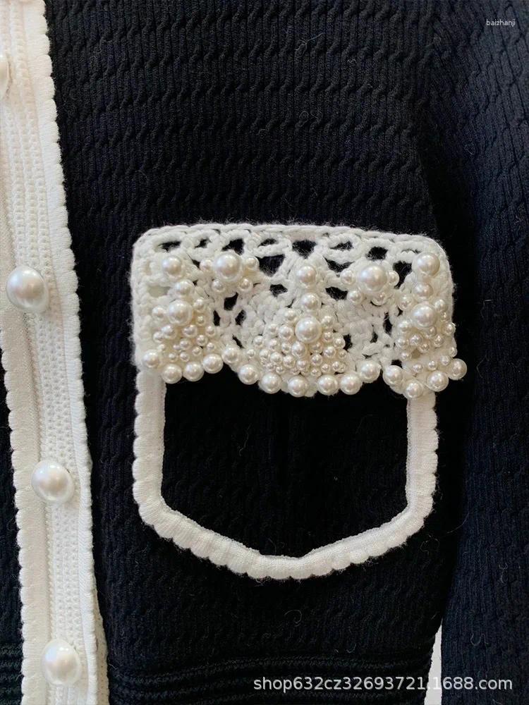 Women's Knits Pearls Beaded Knitted Cardigan Spring Hooked Wers Crocheted Sweater Coat Jacket Knitwear Jumpers Contrast Color Tops