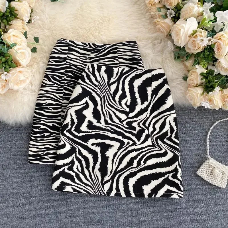 Korean Zebra Print Midi Skirt Women Autumn Female Aline High Waist Loose Skirts Vintage Mini 250106