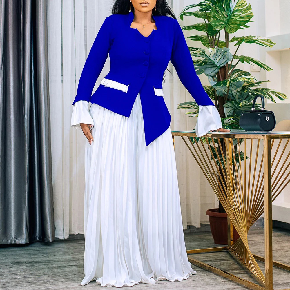 Womens Sets Spring Fashion Flared Sleeve Top Pleated Wide Leg Trouser Suit African Office Long Pants 2 Two Piece Set 250106