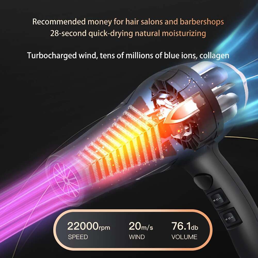 2400W Professional IONS Hair Dryer Blowdryer for Salon High Speed Strong Wind 6 Gears Low Noise 3.5m Cord Length Blower 2 Nozzle