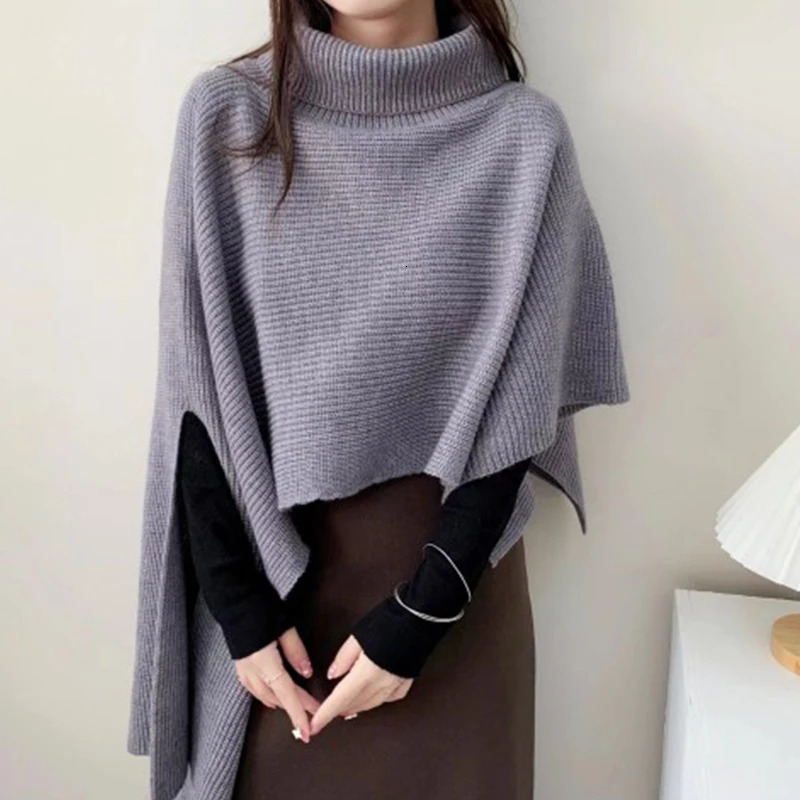 Winter Irregular Vintage Turtleneck Knitted Cape Pullover Women Casual Knitwear Solid Basic Elegant Top Cloak Sweater 250103