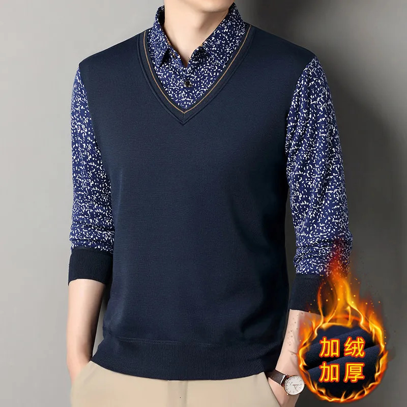 Intelligent leisure autumn mens lapel print two-piece splicing work fashion long sleeved polo shirt knitted top 250103