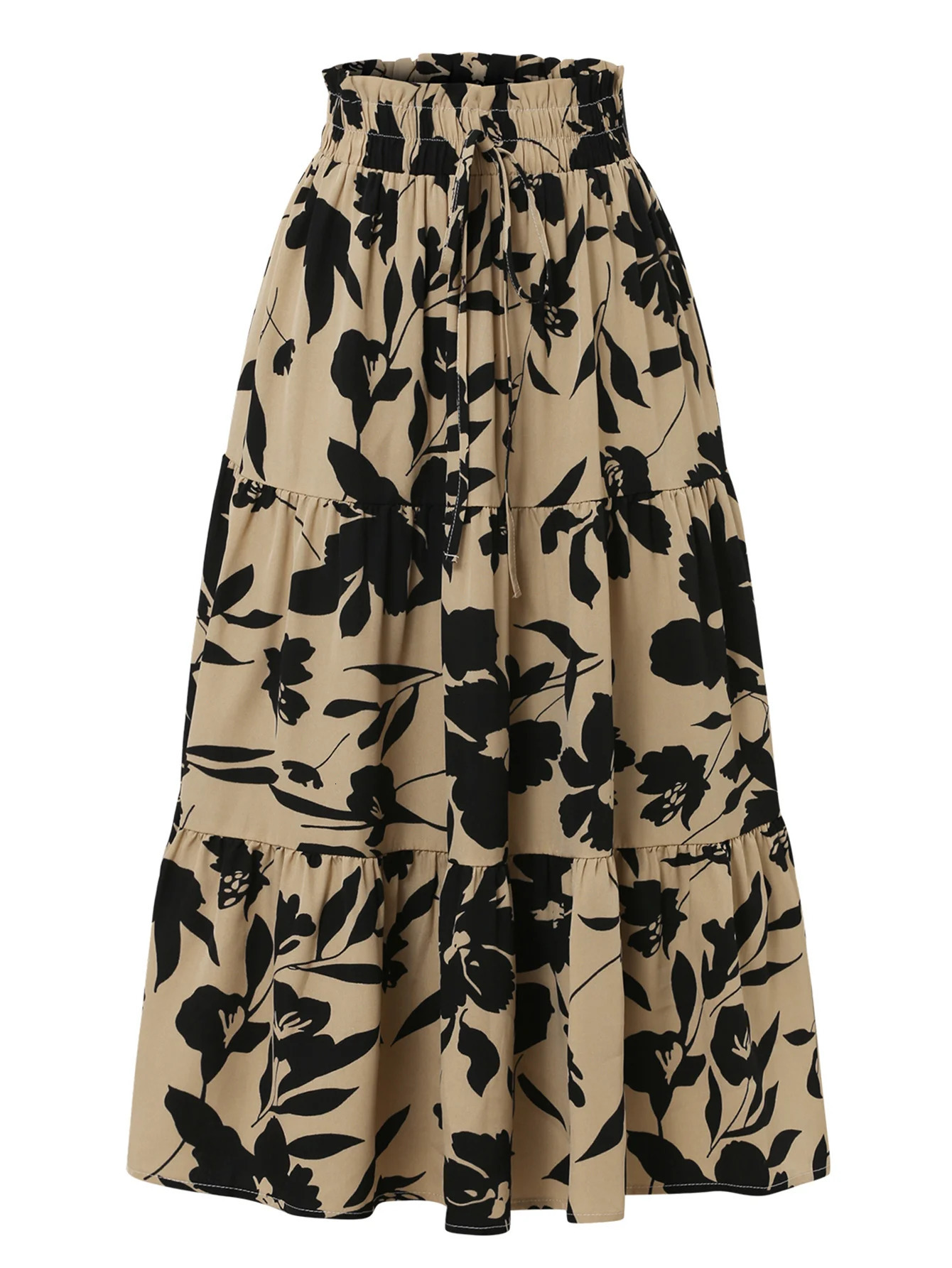 Lace up decorative pleated layered skirt flanged over the knee full printed elastic waist for women 250106