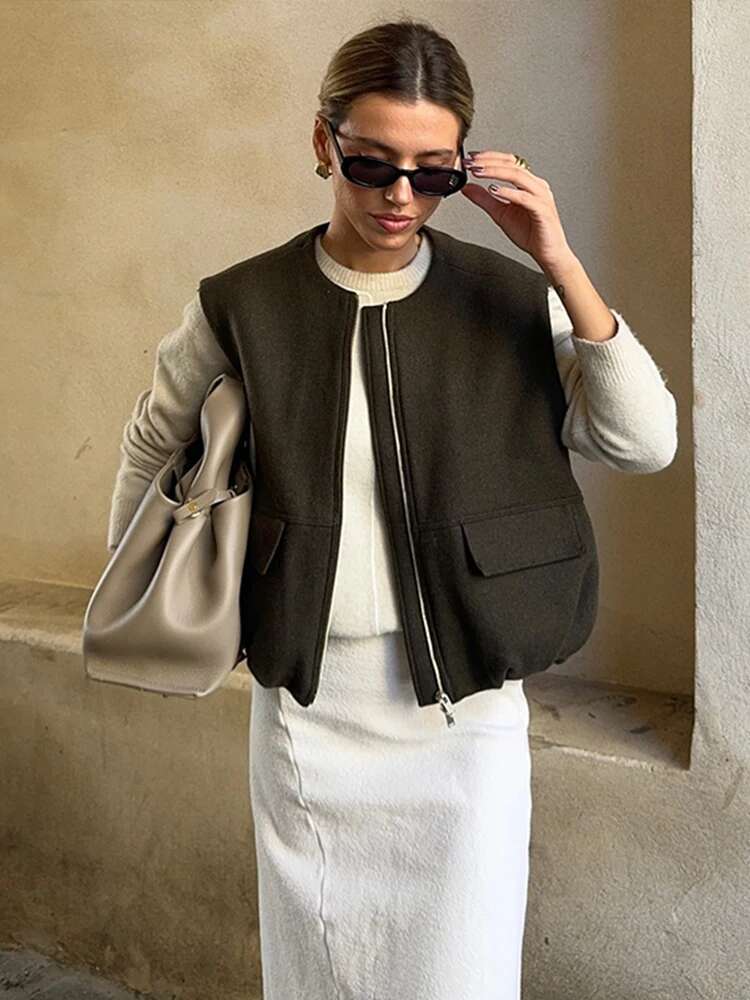 Women's Cropped Waistcoat Fashion O Neck Zipper Vest Women Ruched Sleeveless Loose Vests Coats Female Chic Top 2025 Spring