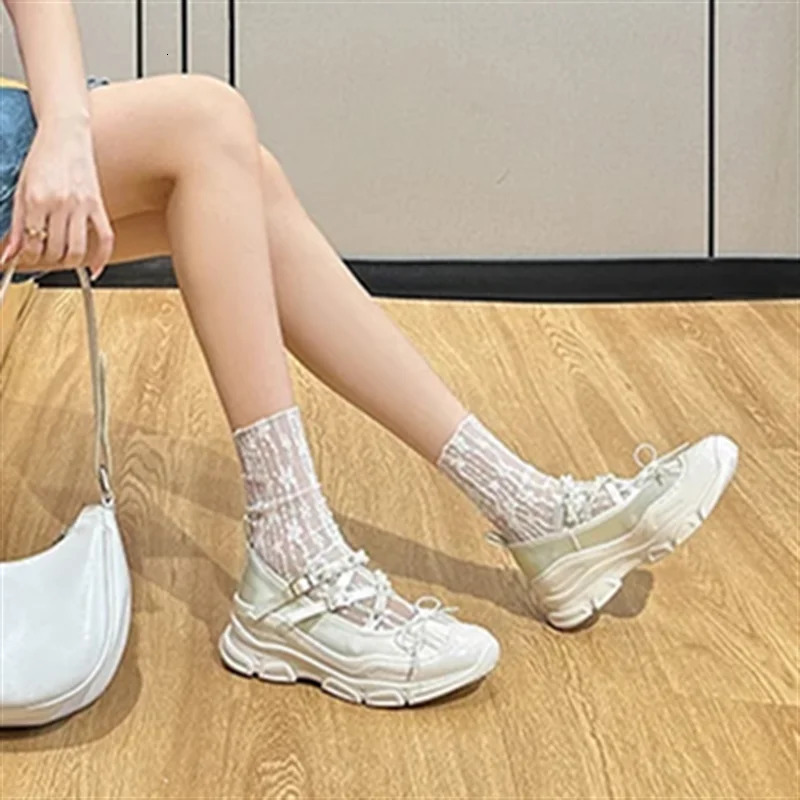 String Bead Butterfly-Knot Breathable Women Sneakers Lace-Up Thick Bottom Hand-made Ladies Shoes Casual Fashion Tenis De Mujer 250106