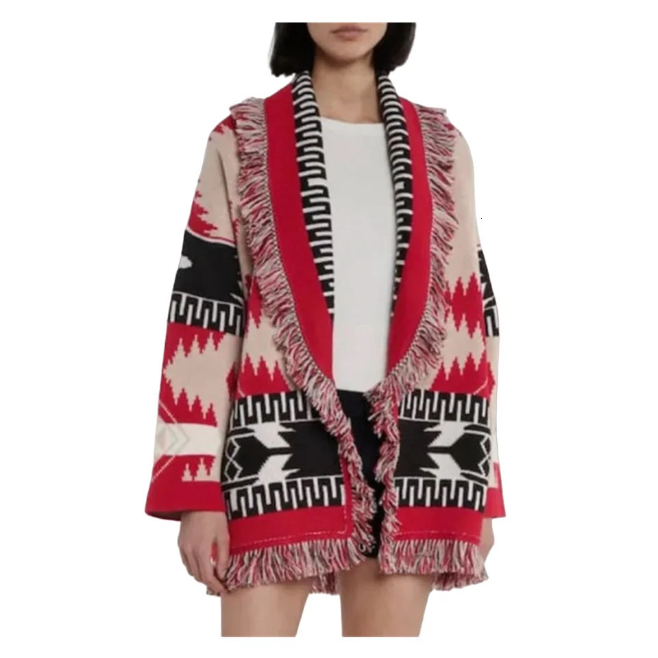 HIGH QUALITY Ethnic Boho Gypsy Bohemian Stylish Womens Cashmere Wool Jacquard Print Fringed Belted Wrap Cardigan In Red 250103