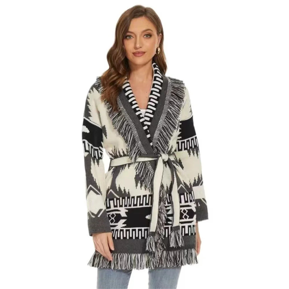 Fashion Bohemian Winter Womens Jacquard Pattern Cashreme Wool Cardigan Tassel Oversize Sweater Female Coat 250103