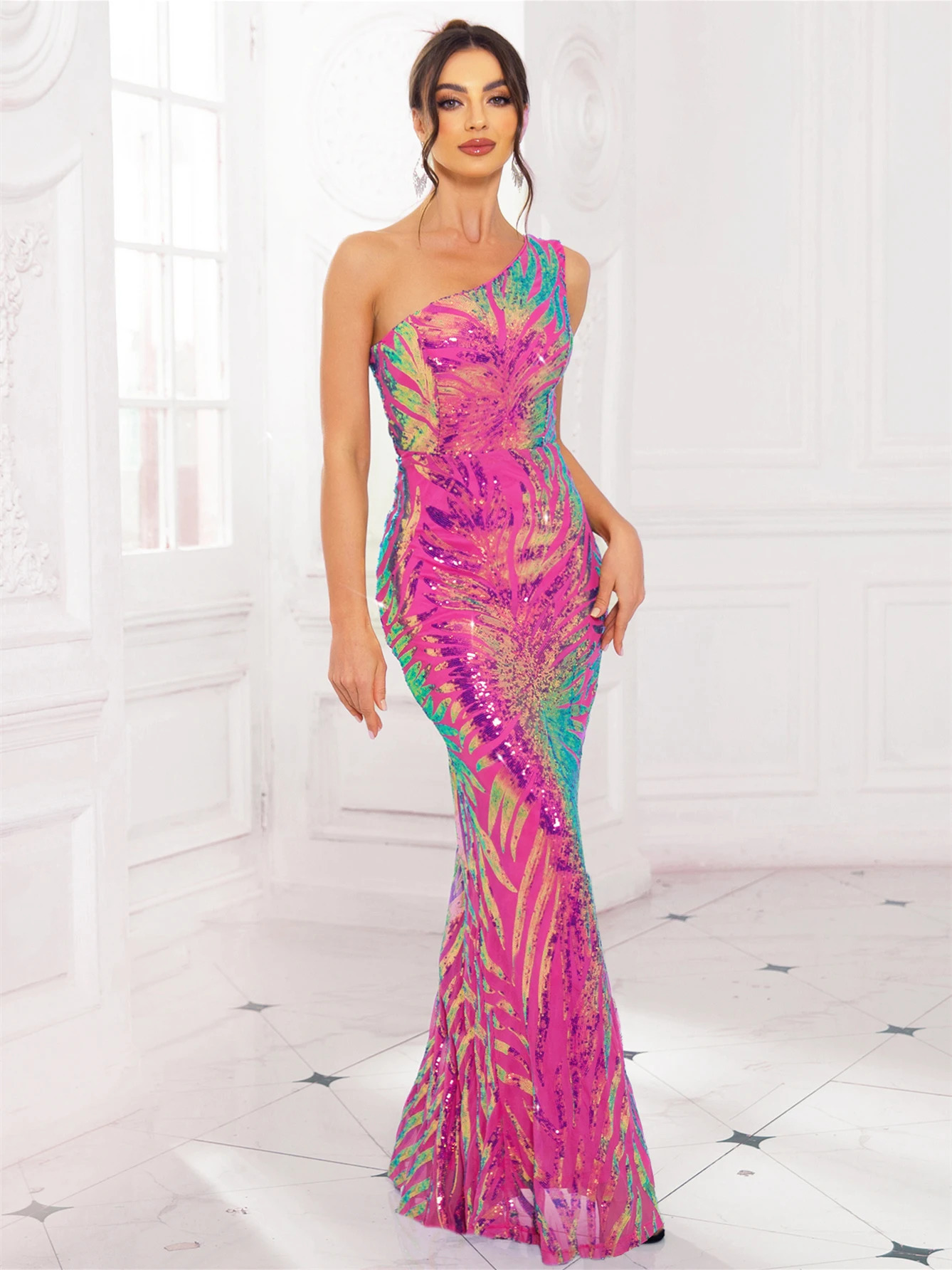 Lavender Pink Single Shoulder Sparkling Maxi Dress Sleeveless Evening Dress Party Ball Dress 250103