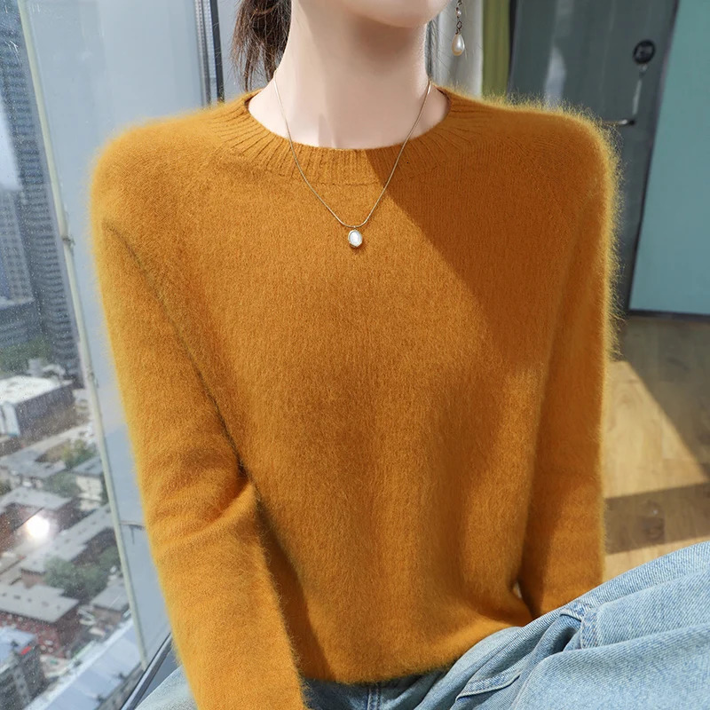 Womens 100% Mink Cashmere Round Neck Tops Fashion Versatile Knitted Loose Long Sleeve Pullover Solid Minimalist Basic Sweater 250103