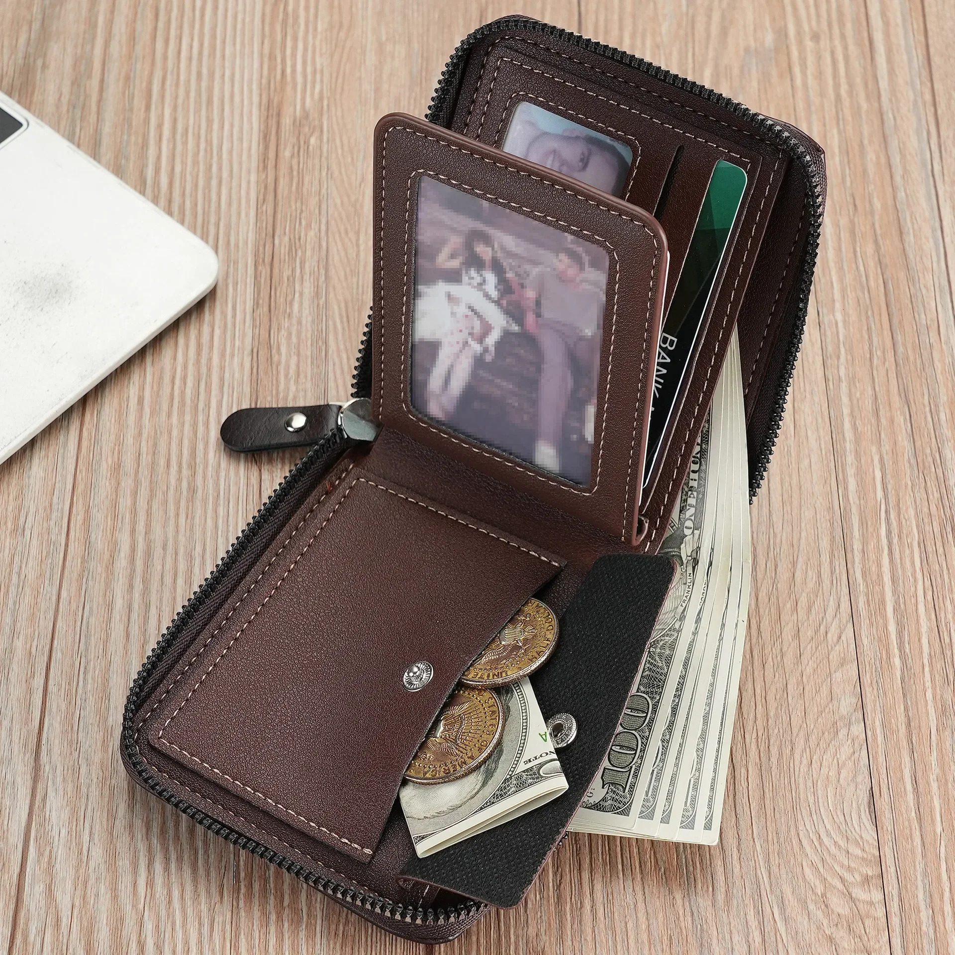 Leather Men's Wallet Mens Purse Male Zipper Card Holders With Coin Pocket Rfid Wallets Gifts For Men Money Bag