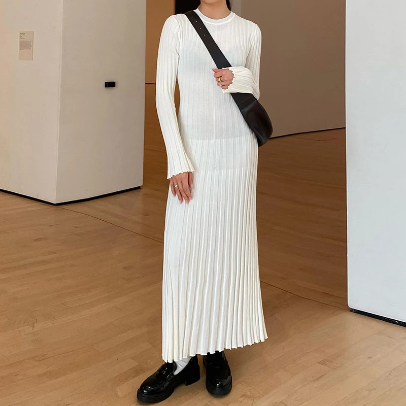 90s Vintage Tie Waist Dress Women Elegant Ribbed Full Sleeve Maxi Crew Neck Bodycon Pencil Long Streetwear 250103