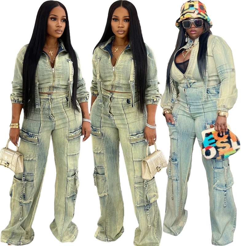Womens Tracksuits Two Pieces Set 2025 New Fashion Sexy High Elasticity Multi Pocket Washed Cowboy Casual Set