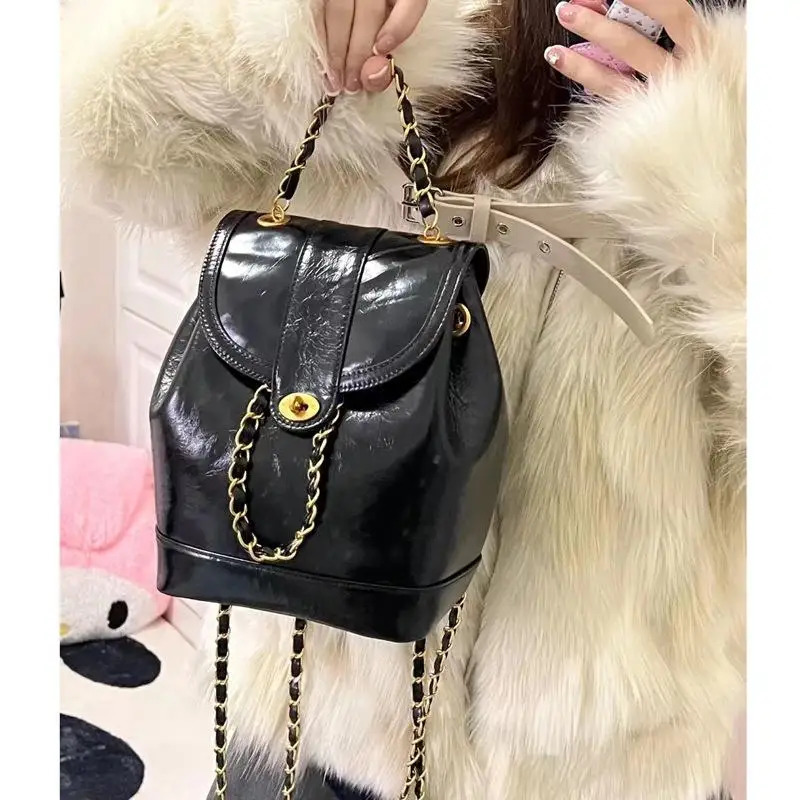 Women Korea Autumn Winter Mini Chains Backpack Female Ins Student Oil Wax Leather Shoulder Bag Travel Bagpack Black Rucksack 250102