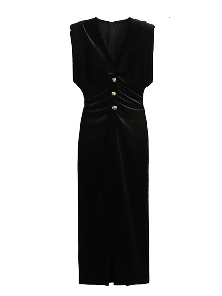 Elegant Velvet Midi Dress for Womens Sexy V-neck Single Chest Folded Party Dress 2025 Sleeveless Ultra Thin Split Womens Dress 250103