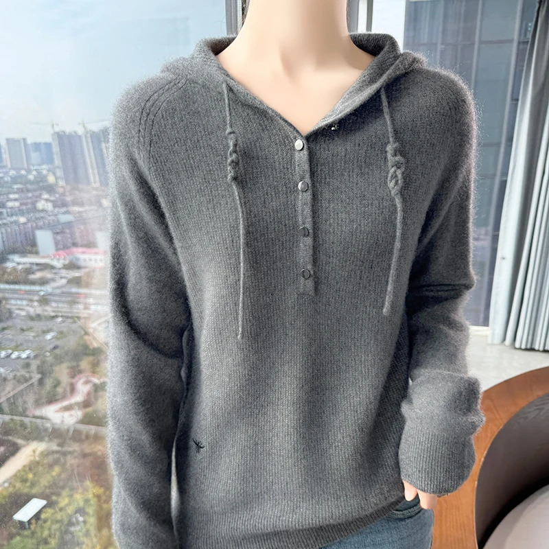 100%Wool High Quality Pure Spring Autumn Winter European Style Women Hooded Fashion Pullovers Knitted Cashmere Wool Sweater 250103
