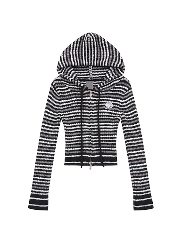 Autumn Winter Woman Korean Fashion Sweet Striped Hoodie Sweater Knitwears Long Sleeve 2000s Aesthetic Y2k Cute Core Colorful 250102