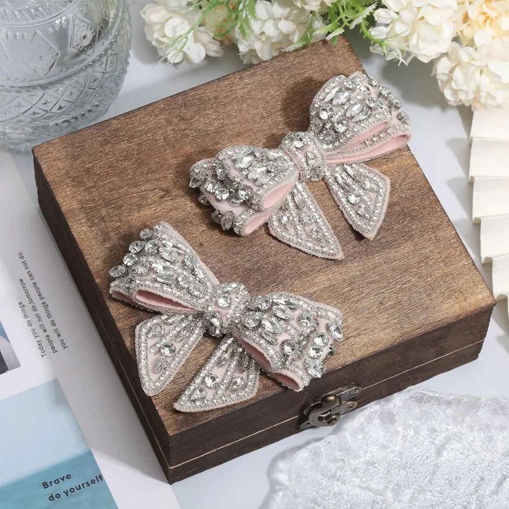 2Pcs Bow Crystal Rhinestone Applique DIY Craft Knot Bow Patches for Pumps Clutch Dress Hat Shoe Clip for Bride Party Wedding 250106