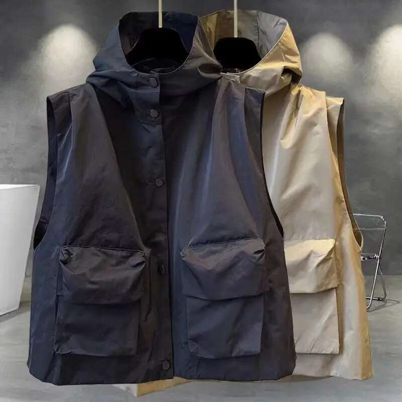 Fashion Solid Color Pockets Korean Hooded Vests Coats Men's Clothing 2025 Autumn New Loose Casual Tops Young Style Jackets