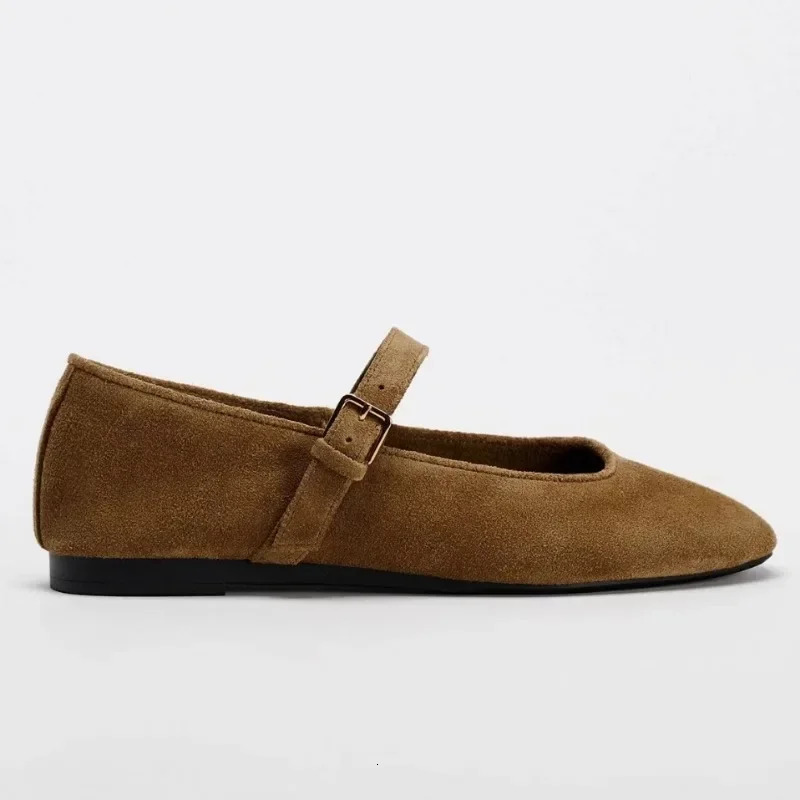 Walking Womens Mary Janes Shoes 2025 Autumn Round Toe Soft Faux Suede Retro Brown er Girl Barefoot Ballet Flats 250106