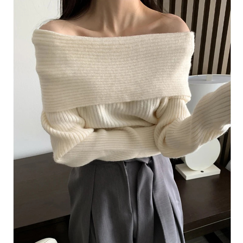 MEXZT Elegant Slash Neck Sweater Women Sexy Off Shoulder Black Knitted Pullovers Korean Aesthetic Knitwear Long Sleeve Jumpers 250103