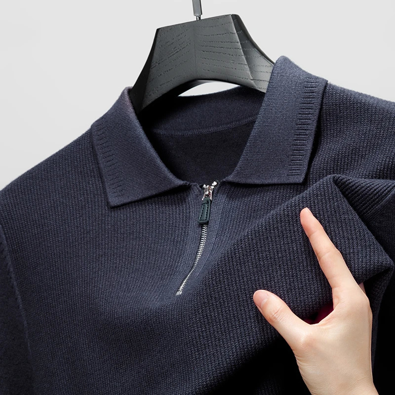 mens knitted polo shirt autumn item solid long sleeved knitted shirt with lapel zipper UK casual exquisite mens clothing 250103