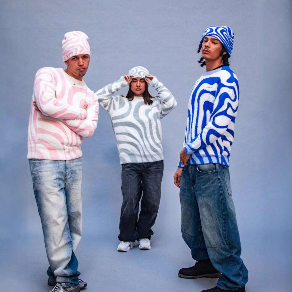 Ins knitted striped pattern jacquard round neck long sleeved high street loose sweater y2k