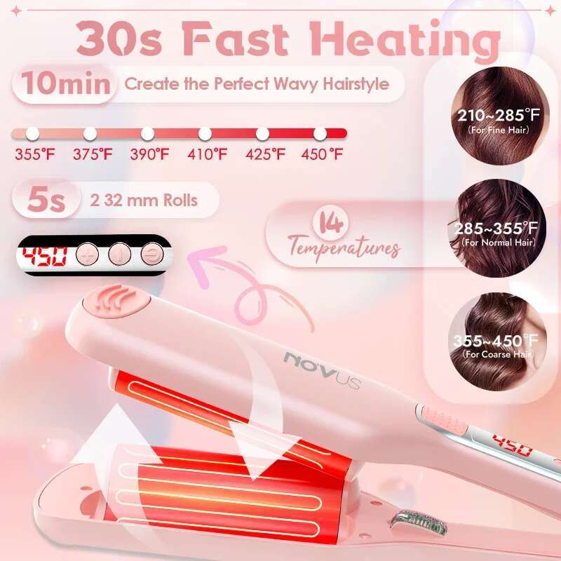 NOVUS 32MM Wavy Hair Curlers French Egg Roll Head Waver Styler 6000w negative ion Fast Heating 60 Min Auto off Curg Iron