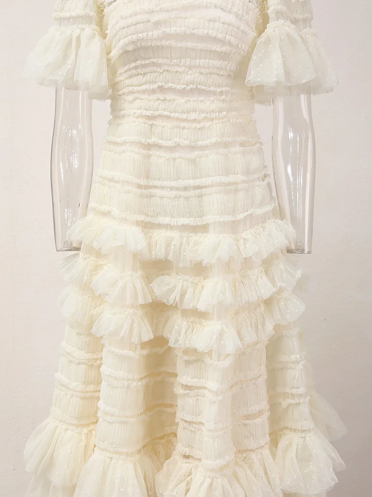 IEQJ Solid Retro Fungal Puff Sleeve Lace Strap Dress Elegant Ultra Thin Elegant Womens Dress 2025 Summer Clothing 250103