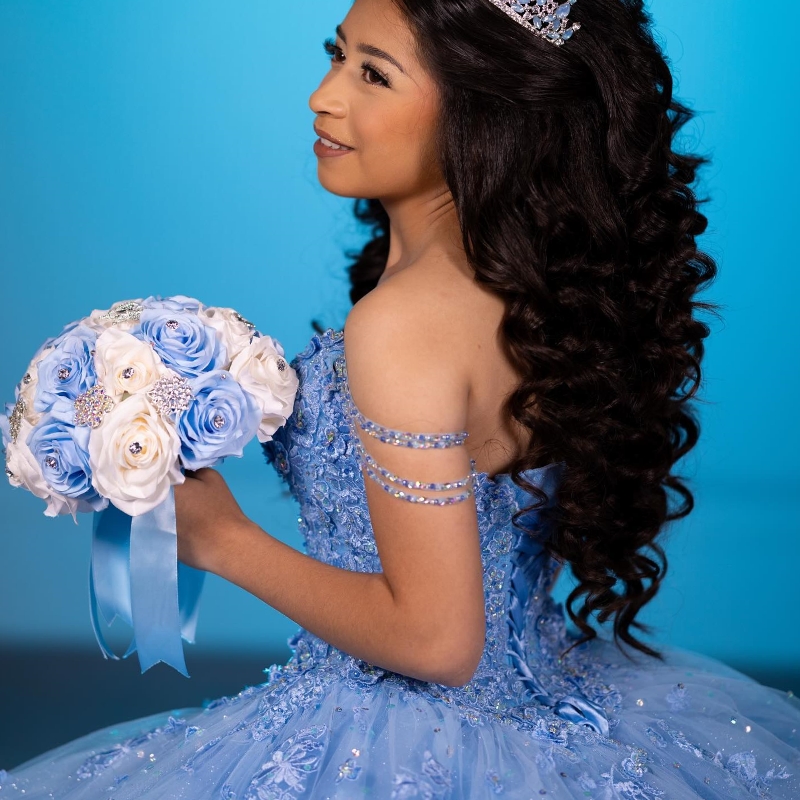 Sky Blue Quinceanera Dresses Ball Gown Off The Shoulder Applique Lace Beads Tull Party Birthday Sweet 16 Vestidos 15 De Anos
