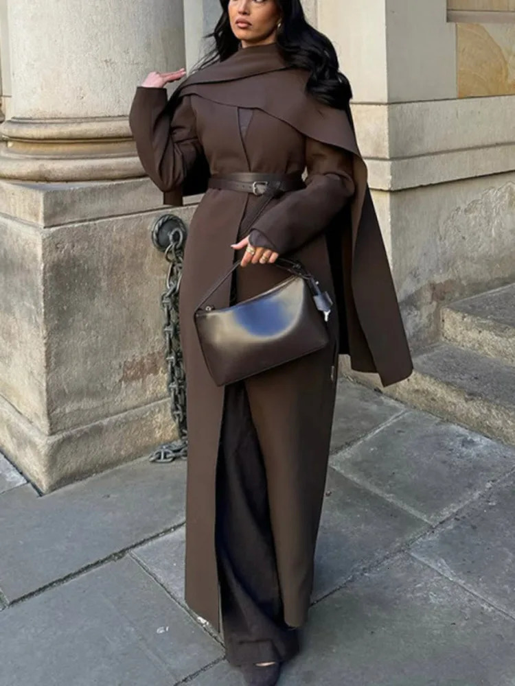 LGRQ Causal Scarf Collar Cloak Solid Color Single Button Slim Thick Warm Long Sleeve Womens Trench Coat 2024 Winter 19D260 250102