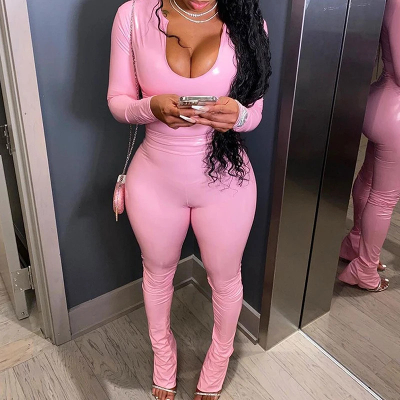 OMSJ Sexy Fur Leather Club Outfits Female Two Pieces Matching Set U Neck Long Sleeve TopsTight Boot Cut Pant Streetwear Y2K 250106