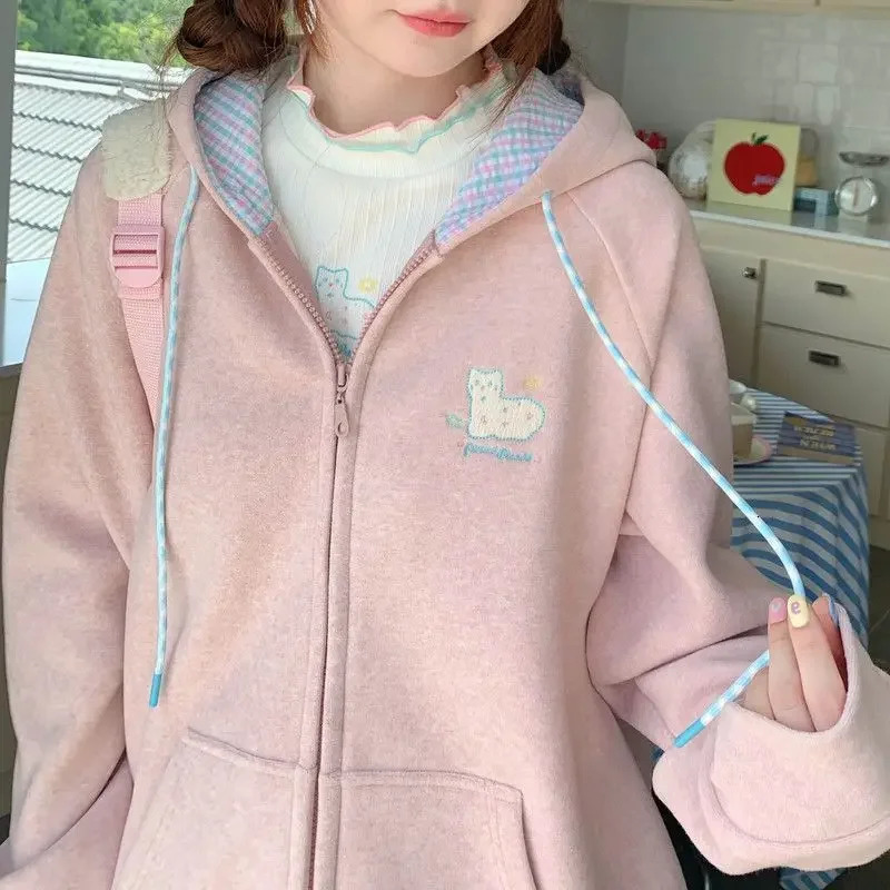 Embroidery Hoodies Women Clothing Street Fashion Patchwork Vintage Zip Up Hoodie Woman Loose Rest Sweatshirt Clothes Tops 250106