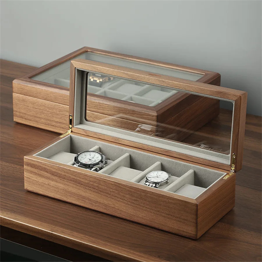 Classic bamboo case with glass cover jewelry dustproof storage box watch collection box desktop organizer 250102