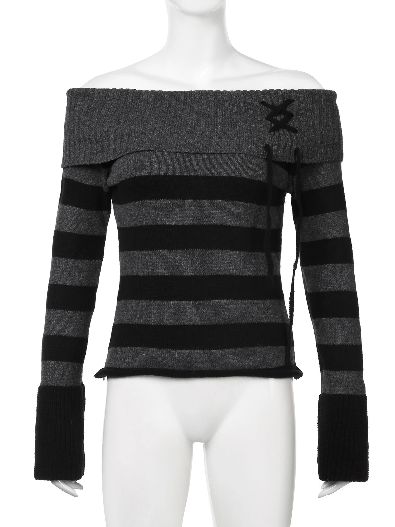 Rockmore Elegant Offshoulder Striped Sweater Famale Laceup Patchwork Long Sleeve Pullovers Vintage Basic Chic Tops Streetwear 250103