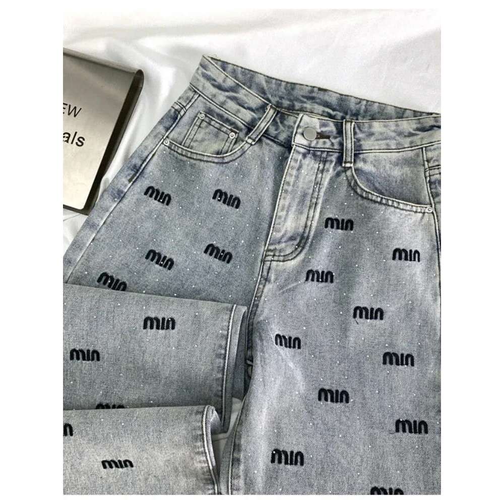 Y2K Korean Fashion Baggy Jeans Narrow Letter Hot Dia High Waisted Denim Straight Women New Slim Wide Leg Pants