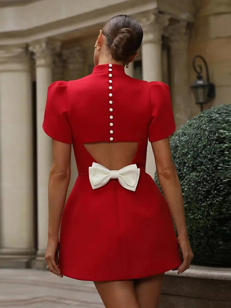 Elegant bow Halloween mini dress womens red O-neck short sleeved high waisted A-line dress womens 2025 fashion party evening dress 250103