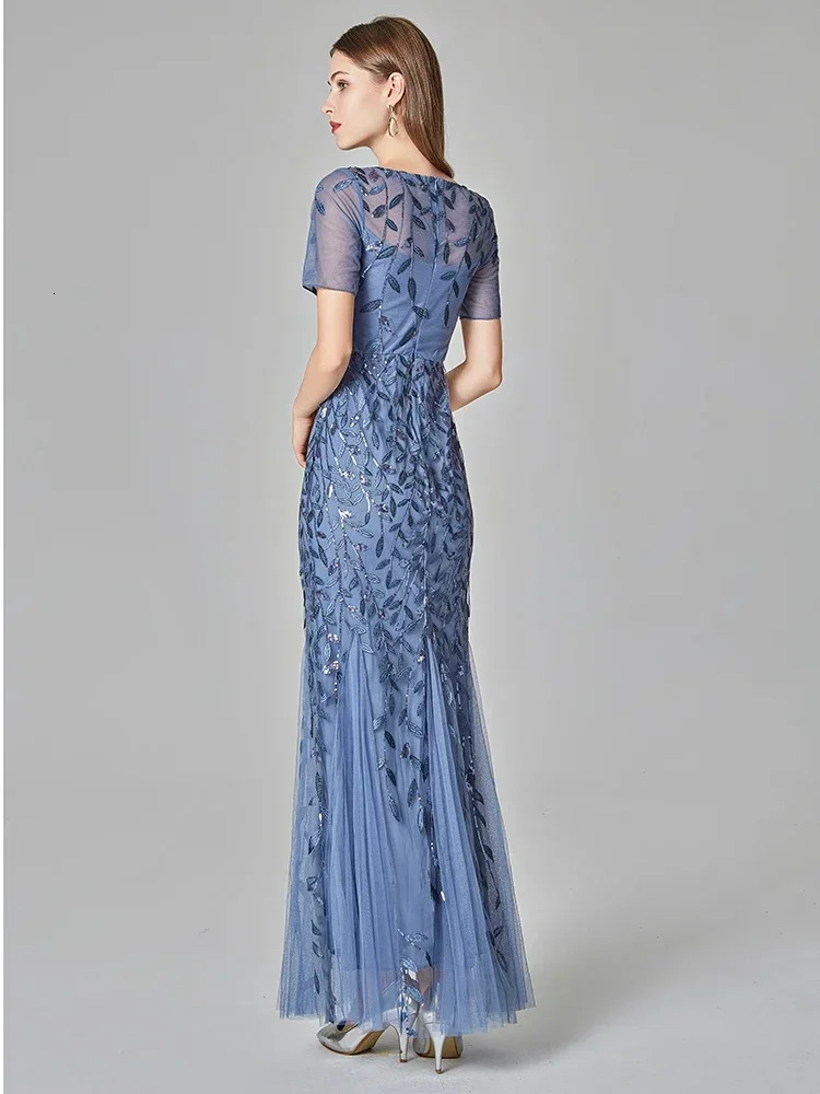 Plus size womens evening dress with fish tail short sleeved lace decal chiffon patchwork personalized long party evening dress 250103