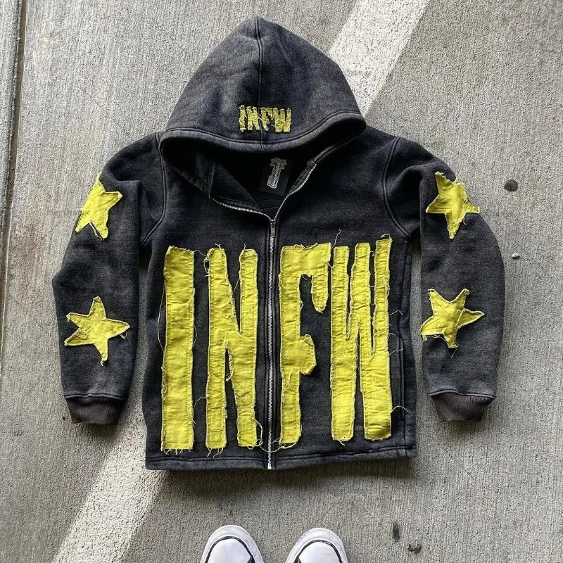 Y2k Long Sleeved Pullover Hoodie With Letter Patchwork Tops Streetwear Vintage Hoodie School Outfit Punk High Street Ootd s 250106
