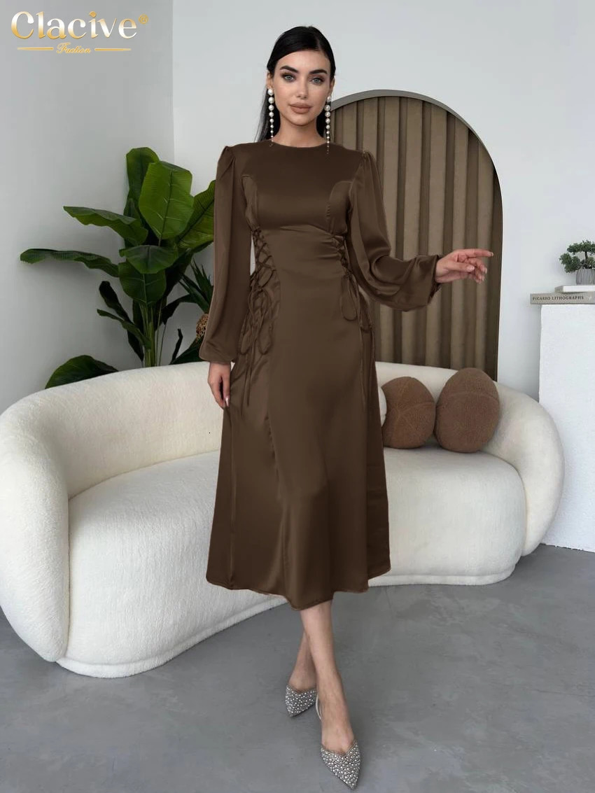 Clacive Fashion Ultra Thin Black Satin Womens Dress 2025 Bodycon O-Neck Long Sleeve Midi Dress Elegant Classic Bandage Womens Dress 250103