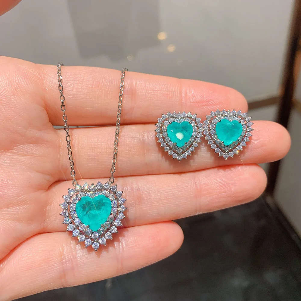 Charms 10*10MM Heart-Shaped Paraiba Tourmaline Ocean Star Pendant Necklace Stud Earrings Lab Diamond Womens Jewelry Sets Gifts 250102