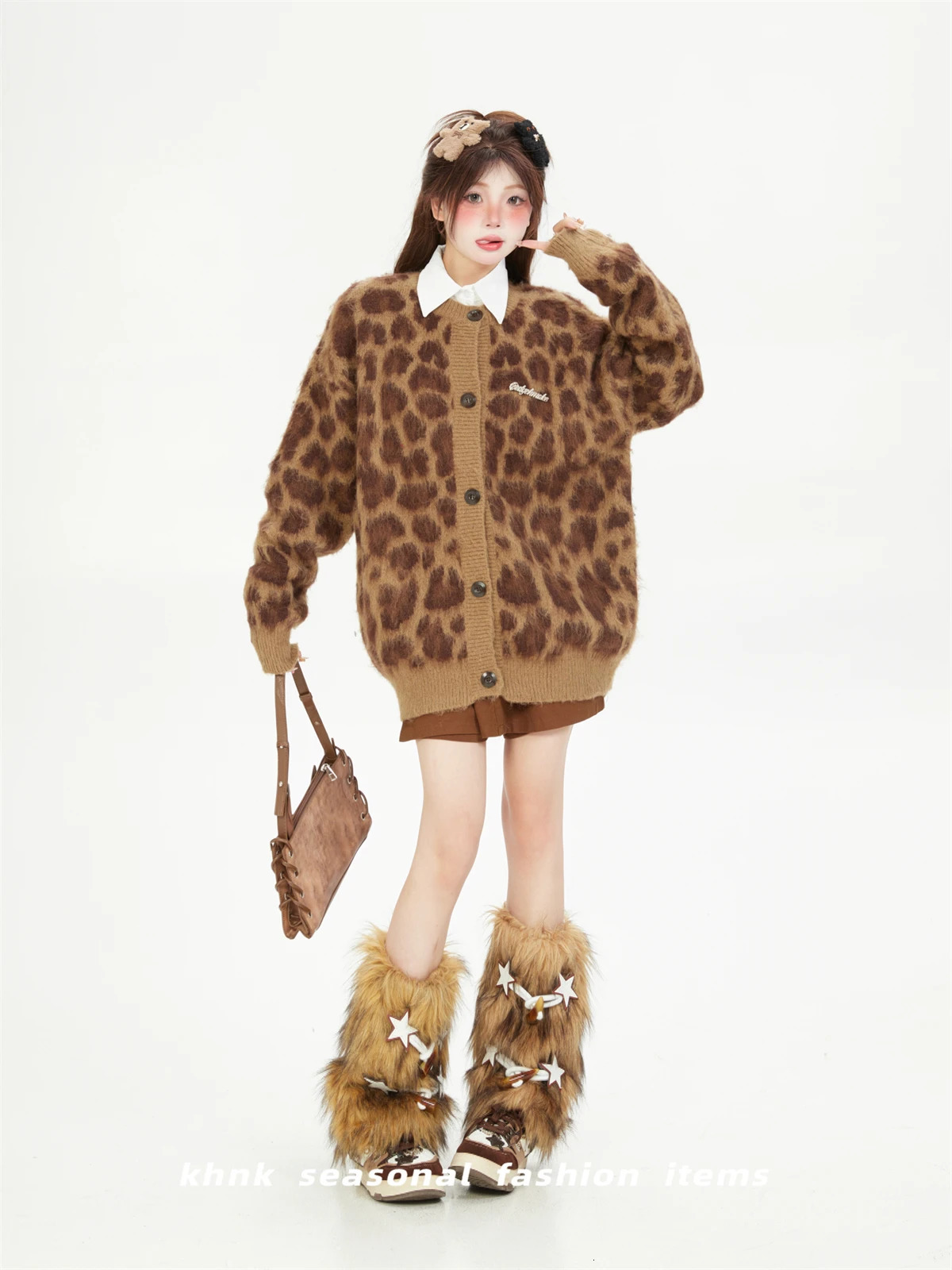 Knitted jacket womens high street leopard print mohair thickened warm loose casual crew neck sweater cardigan autumn and winter 250103