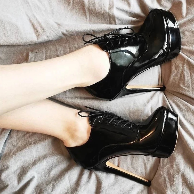 Onlymaker Women Black Platform Ankle Boots High Heels Lace Up Patent Leather Stiletto Sexy Lady Fashion Booties 250103