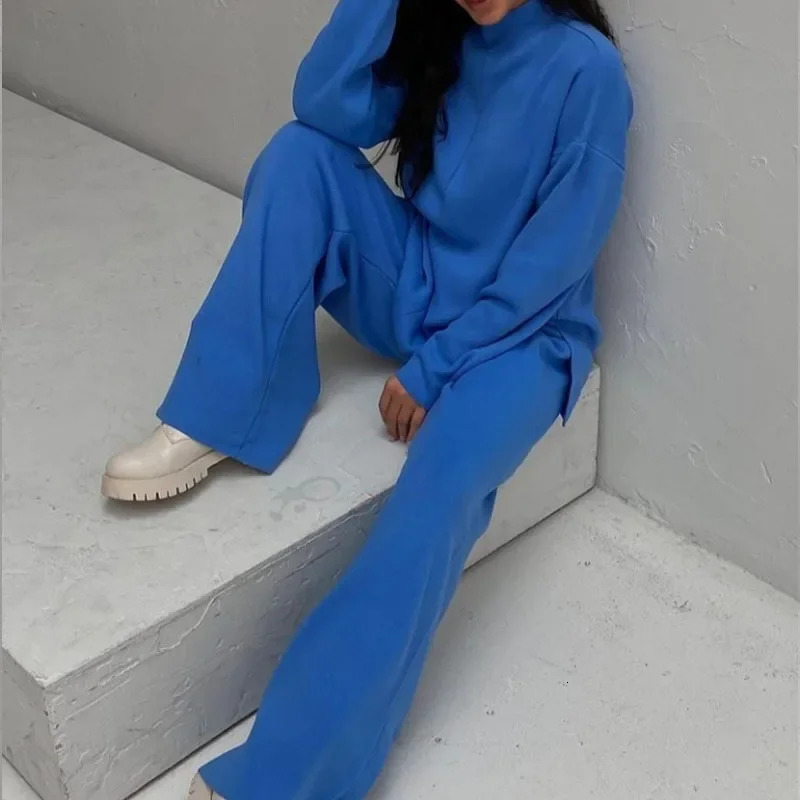 Spring and Autumn Fashion Solid Color Knitted Two Piece Set Round Neck Splicing JumperWide Leg Pants Loose Set 241230