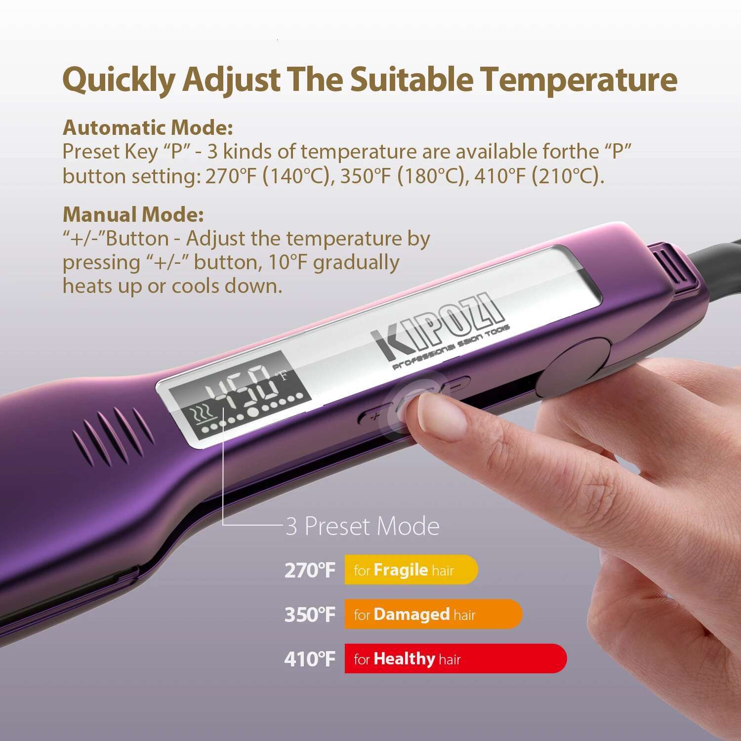 KIPOZI KP-139 Professional Hair Straightener Fast Heat Smart Timer Flat Iron with LCD Display Curg and Straightening Salon