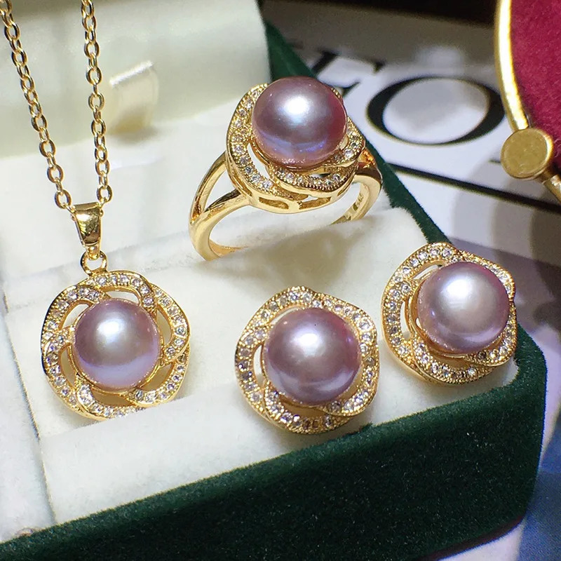 Shiny Crystal Flower Natural Freshwater Pearl 14k Gold Filled Female Jewelry Set Necklace Earrings Rings For Women 250102