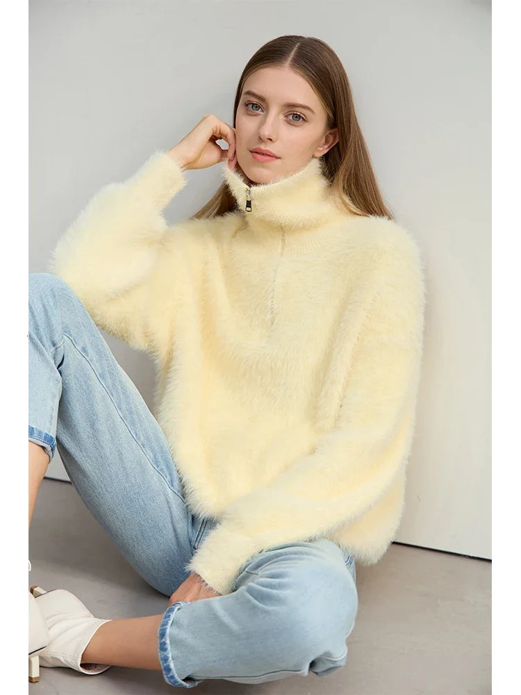 Amii Winter Womens Clothing Turtleneck Zipper Mink Sweater Loose Shoulder Sleeve Pullovers Knitted Tops 12444250 250103