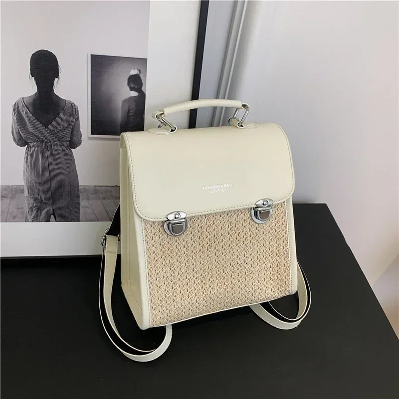 High Quality PU Straw Fashion Backpack Simple Versatile Crossbody Bags for Women Summer Large Capacity 250102